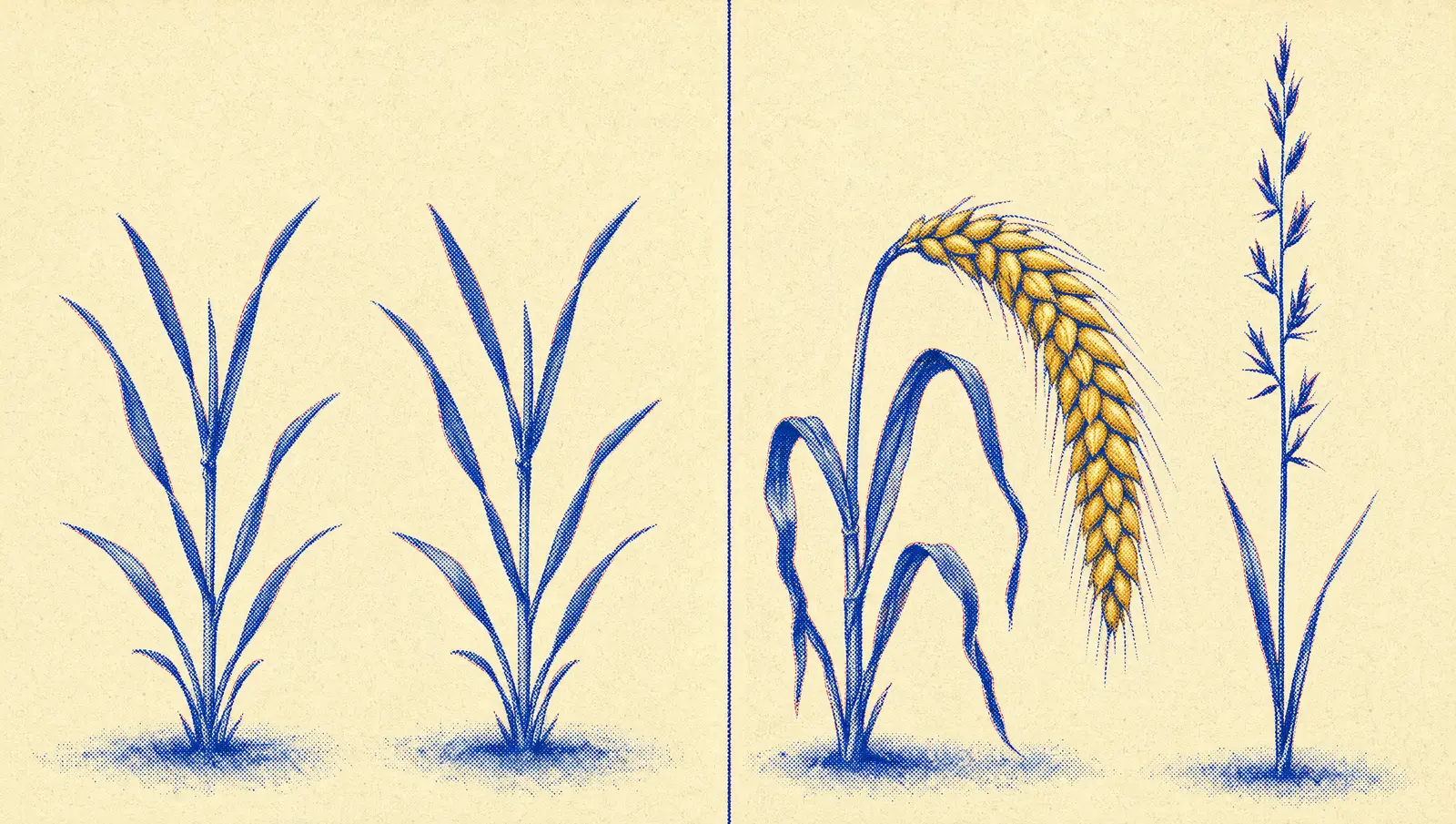 Botanical plate: young wheat and darnel identical; at maturity wheat bows under a heavy golden head while darnel stands thin and erect